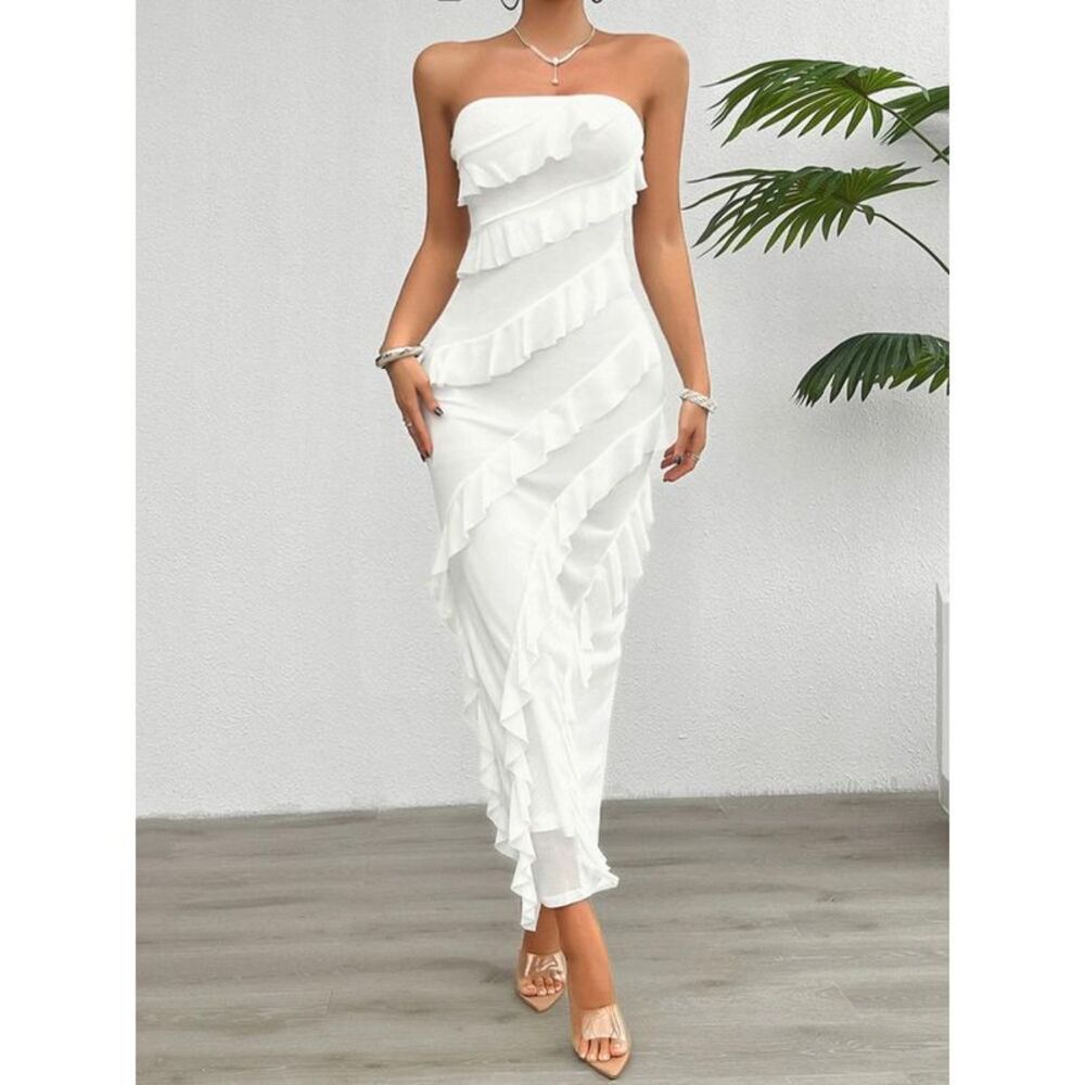 Everyday the Label Ruffled Mesh Maxi Dress Women White Dresses